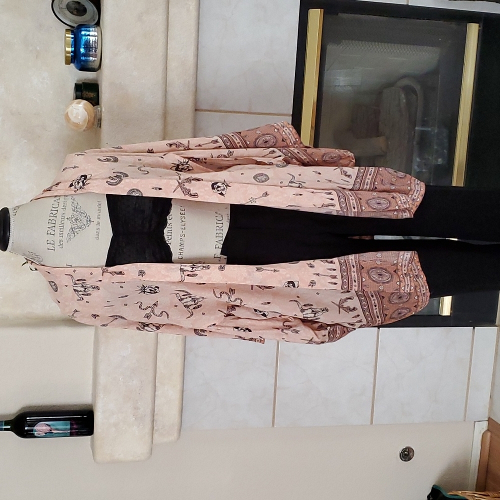 Vintage Spell peach kimono feather, arrow, duo guns